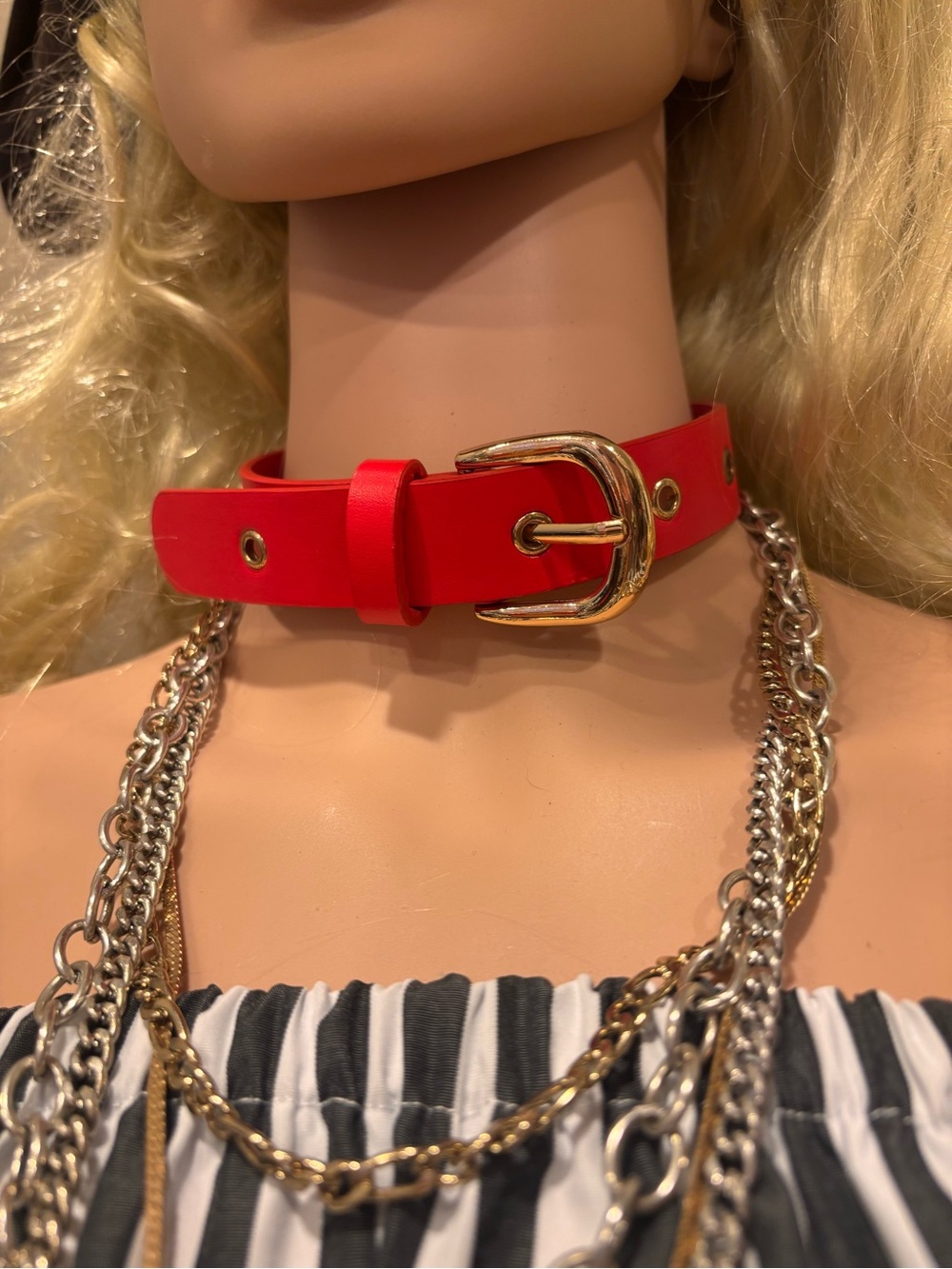 Red Faux Leather Buckle Choker Gold Tone Grommets